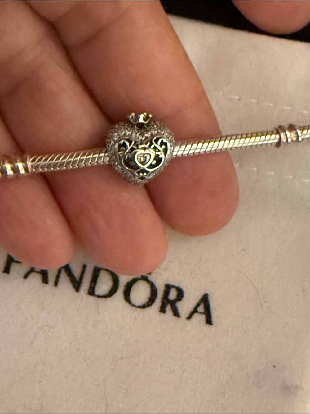 Pandora Silver Heart Crown Charm with Clear Accents